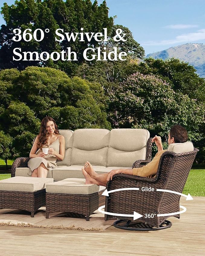 HILLGA Luxury Patio Furniture Set with 6-Inch Thick Cushions, High Back Outdoor Swivel Rocker Chairs and Patio Couch, 13-Piece All Weather Conversation Set for Porch Deck Pool Yard, Beige (V3)