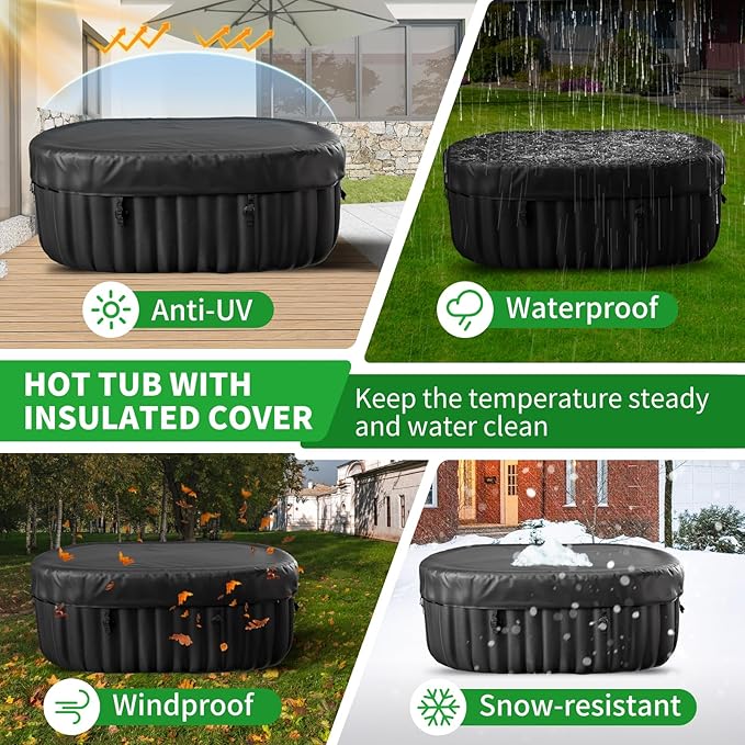 2 Person Inflatable Hot Tub with LED Lights, Oval Blow Up Portable Hot Tub, Leak-Proof PVC Outdoor Spa with 100 Strong Air Jets, Pump and Insulated Cover, Side Table, 75” X 47”X 25”