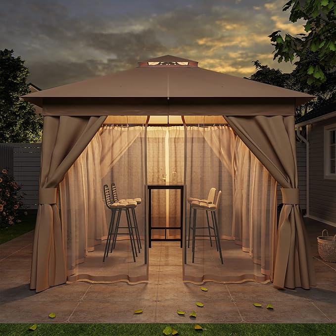 Outdoor Patio Gazebo 8FT, Heavy Duty Party Tent & Shelter with 2-Tier Roof and Expansion Bolts, Mosquito Nettings and Privacy Screens for Backyard, Garden, Poolside, Khaki