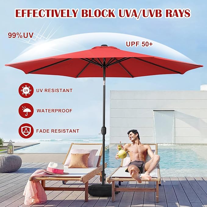Sundale Outdoor 11 ft Patio Umbrella with Sand Bag Umbrella Base Included, Outdoor Umbrella with Tilt and Crank, Red