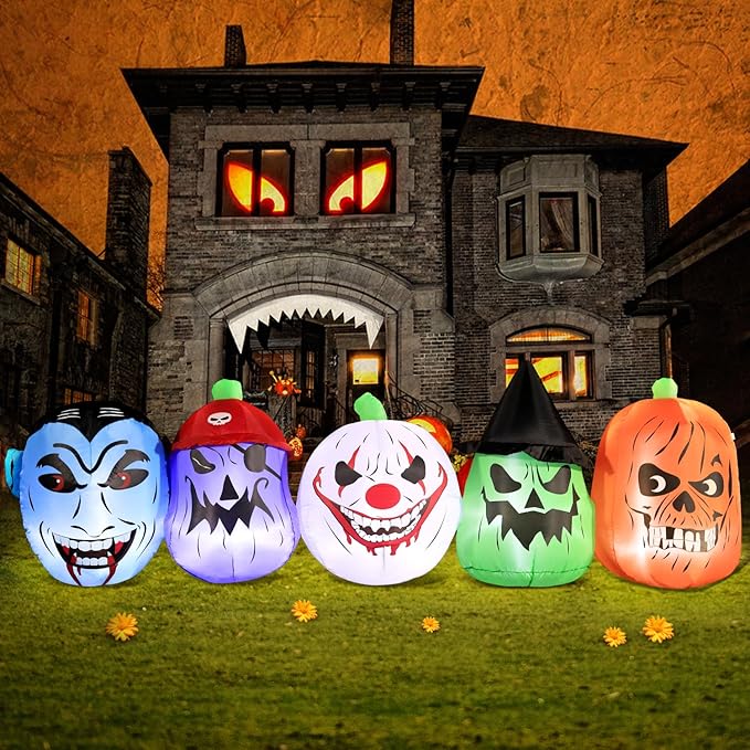 DomKom Halloween Inflatable Blow Up Decorations, 8FT Vampire Pirate Clown Witch and Spooky Pumpkin Giant Head, Built-in LEDs for Halloween Party, Garden, Lawn, Yard Décor