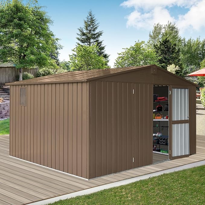 11x9ft Outdoor Storage Shed with Windows, Galvanized Steel Garden Shed, Lockable Double Doors and 16 Vents, Large Capacity Utility Tool Storage for Backyard Patio