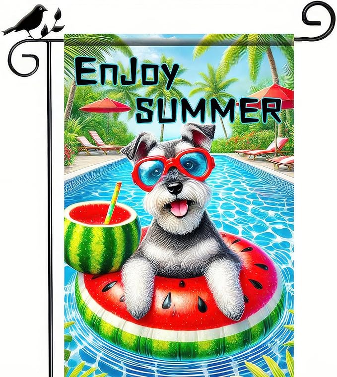 Enjoy Summer Garden Flag Schnauzer Dog 12X18 Inch Print Double Sided Cute Puppy Decorative Yard Flag Banner Poolside Patio Decor Banner Outside Seasonal Holiday Outdoor Decoration