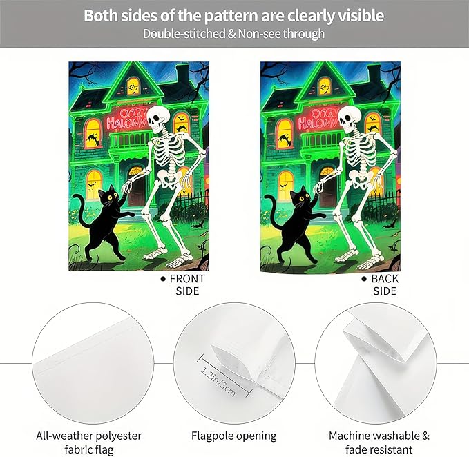Garden Flags 12x18 Inch Halloween Garden Flag Double-Sided Skeleton Dancing with Black Cat Haunted House Pumpkin Fall Yard Decoration Trick or Treat Banner for Porch Lawn Outdoor Decor