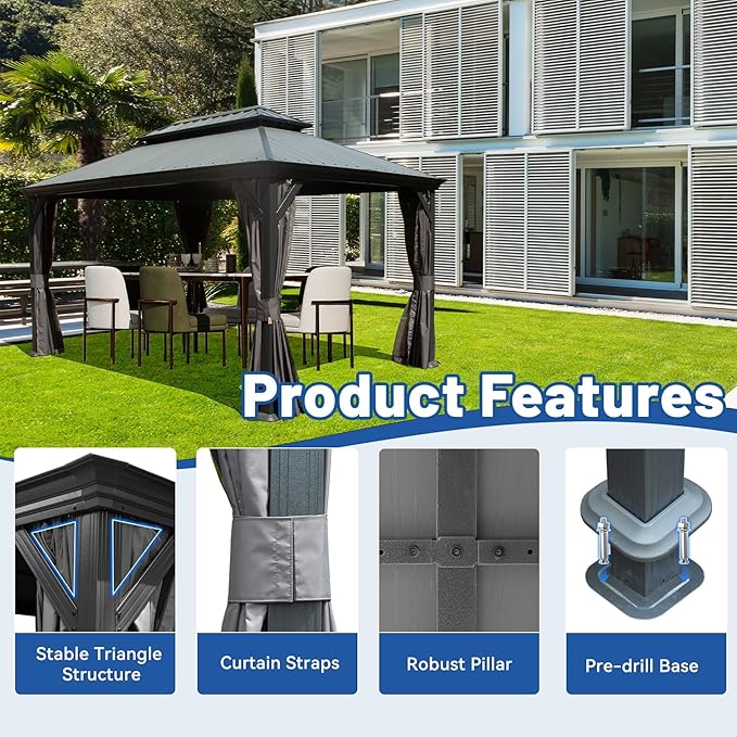 Outdoor Hardtop Gazebo for Patio 10x14FT with Resin-Galvanized Steel Roof, Metal Hard Top Gazebo with Gutters, Heavy Duty Gazebos All Season with Curtains & Netting, for Deck, Backyard, Hot Tub