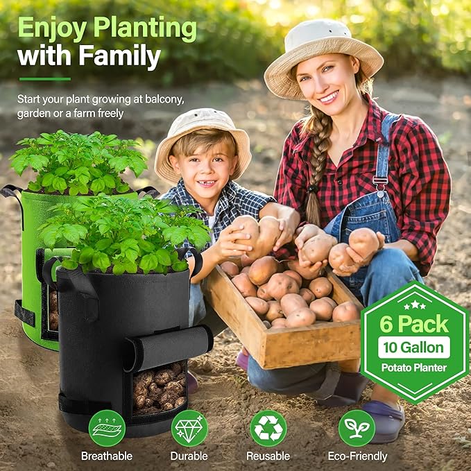 6 Pack Potato Grow Bags 10 Gallon with Flap, Grow Bags for Growing Potatoes, Duarable Fabric Garden Planter Pots with Harvest Window for Vegetable and Fruits, Black & Green