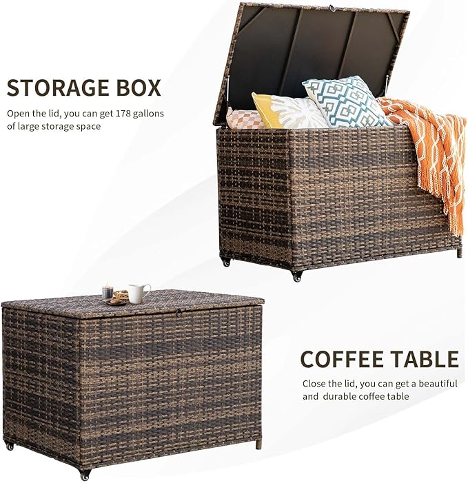 MEISSALIVVE 178 Gallon Outdoor Storage Box, Handle Large Portable Wicker Rattan Deck Box for Patio Furniture Cushions, Patio Deck Box with 2 WheelsThrow Pillows, Garden Tools and Pool Floats (Brown)
