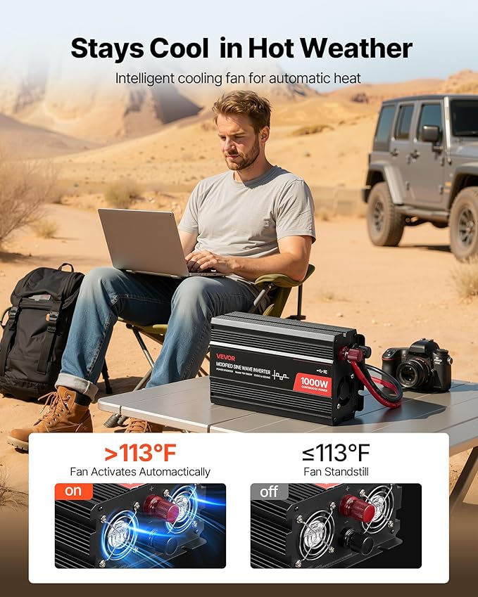 VEVOR 1000W Power Inverter, 12V DC to 120V AC Modified Sine Wave Inverter, Car Charger Converter with USB & Type-C Port, 2 AC Outlets, LED Indicator Light, Ideal for RV, Truck Outdoor Camping