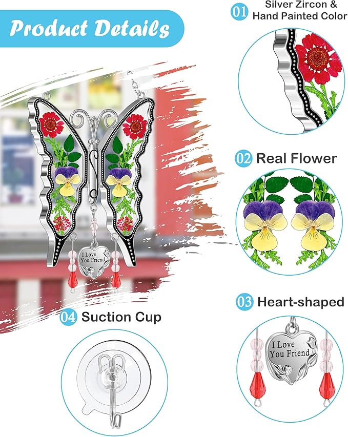 KY&BOSAM Butterfly Suncatcher I Love You Friend Gift Stain Glass Sun Catcher for Window Hanging Wind Chime with Pressed Flower Wings in Glass and Heart Charm Birthday Gift for Mother`s Day Christmas