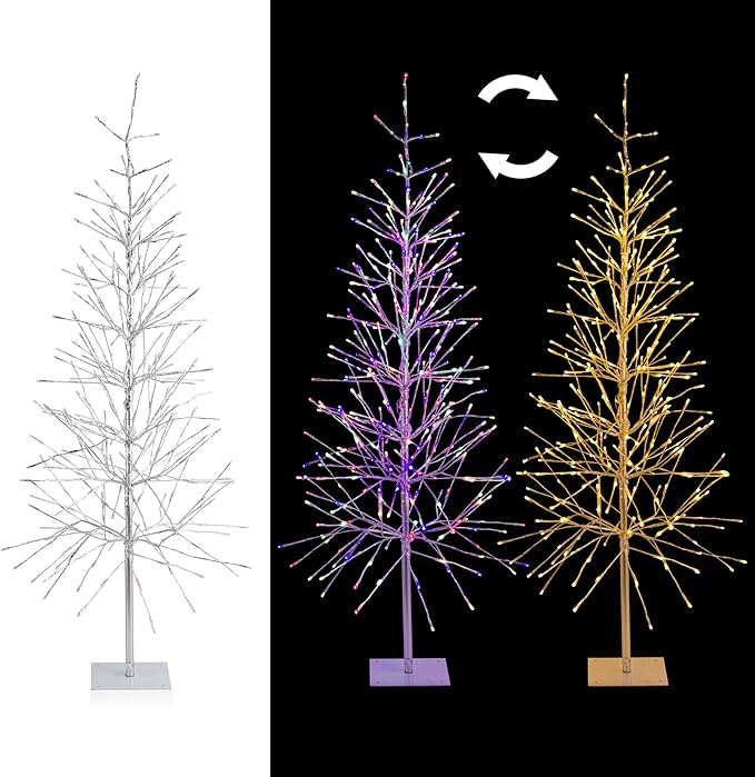 Alpine Corporation 65" H Indoor/Outdoor Pre-Lit Silver Foil Christmas Tree with Yard Stake and 360 LED Lights, Christmas Decoration