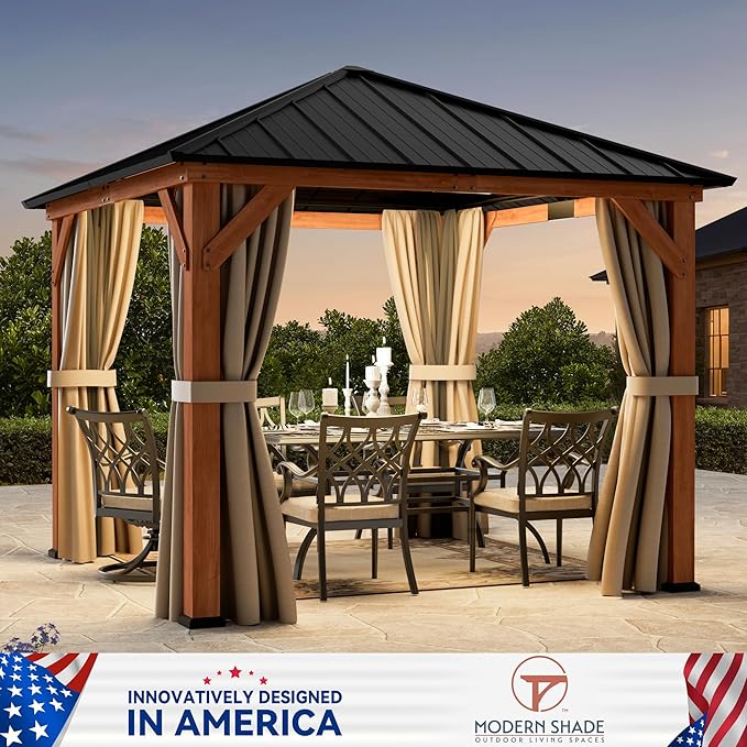 Modern Shade Tranquil Grove Wood Gazebo 10' x 10', Grill Gazebo with Galvanized Steel Roof, Mosquito Netting and Curtains, Permanent Hardtop Pavilion with Sturdy Hooks for Garden, Backyard