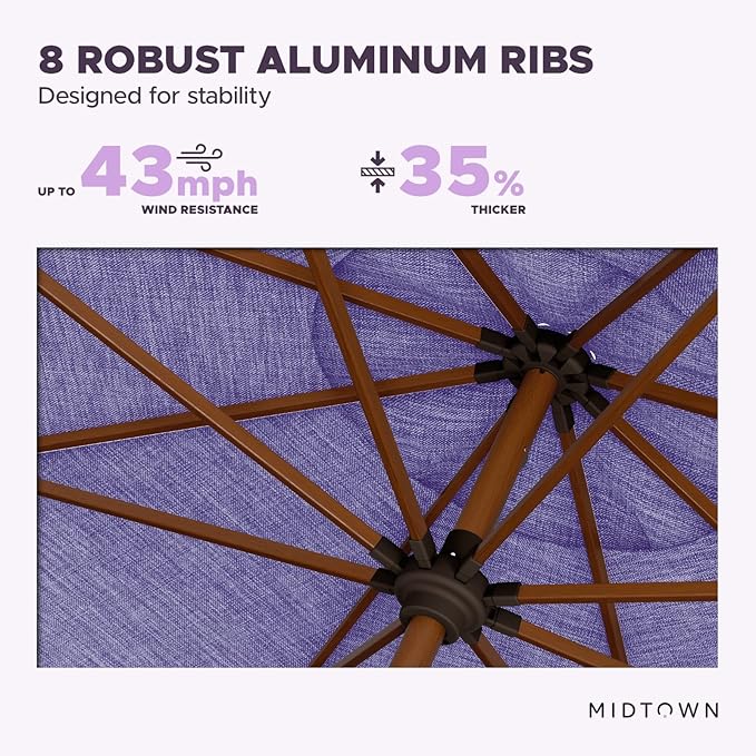 Midtown Umbrellas The Wooden 2-10 Feet Large Patio Umbrella, Terylast Purple Texture Fabric, Aluminum Frame For Backyard Umbrella, Deck Umbrella, Garden Umbrella & Pool Umbrella - Wooden Pole