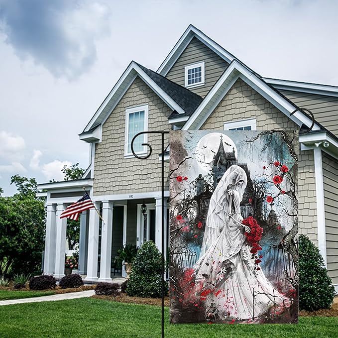 Halloween Horror Garden Flag 12x18 Inch Skeleton Bride Haunted Church Flag Outdoor Yard Decorations House Banner Porch Lawn Patio Home Decor