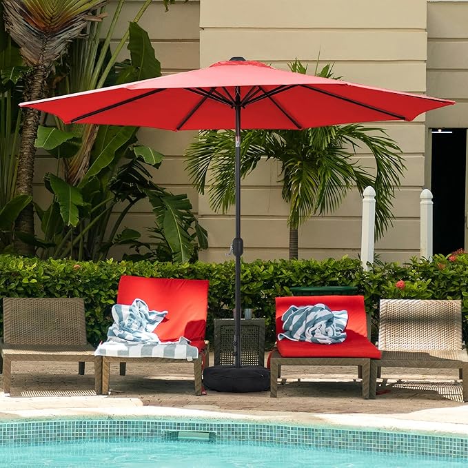 Sundale Outdoor 11 ft Patio Umbrella with Sand Bag Umbrella Base Included, Outdoor Umbrella with Tilt and Crank, Red