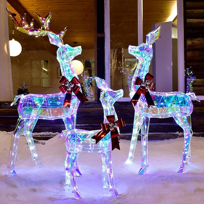 Outdoor Christmas Decorations Deer Family - HOYECHI 3-Piece Lighted Prismatic Reindeer with 465 LED Lights - Outside Yard Decor Kit, Stakes, Zip Ties - Iridescent