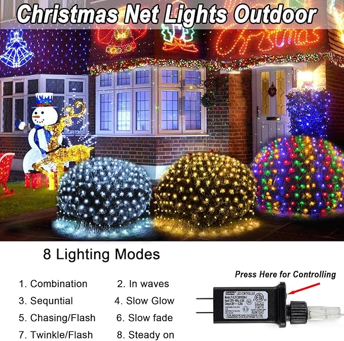 300 LED Net Lights for Bushes, 14.8ft x 5ft 8 Modes Christmas Outdoor Mesh Lights Connectable, Waterproof Decorative String Lights Plug in for Xmas Tree Garden Wedding Party (Clear Wire, Mulitcolor)