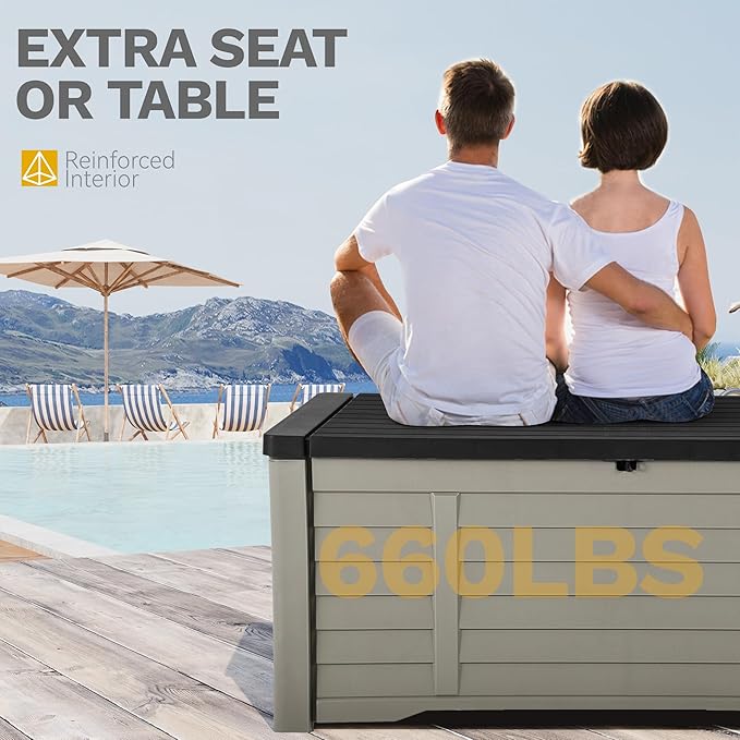 DWVO 120 Gallon Outdoor Storage Box, Large Resin Deck Box with Louver Design, Lockable Patio Storage Bin for Indoor and Outdoor Use, Pillows, Tools, and Pool Supplies -Black & Brown