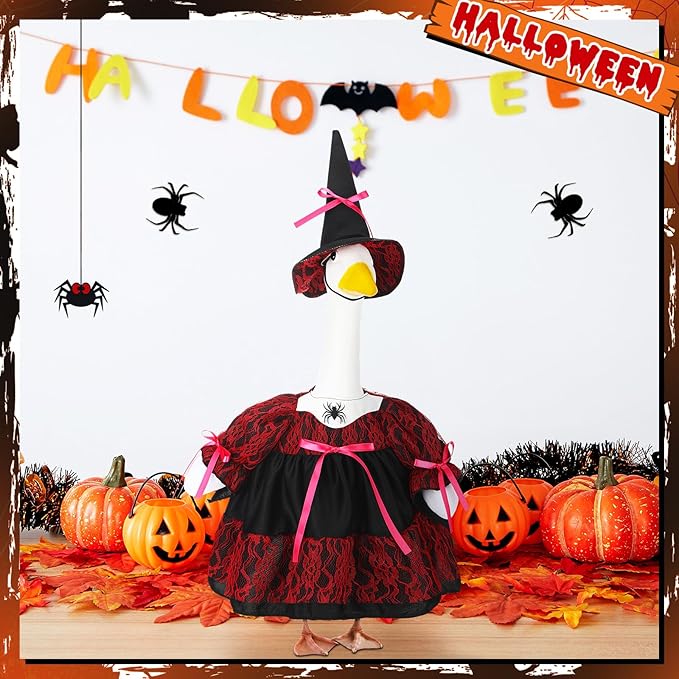 Suzile Halloween Porch Goose Outfit Witch Costume for 23" High Cement or Plastic Goose Clothes for Yard Lawn Outdoor Garden Patio Halloween Gothic Vampire Dress up Concrete Duck Statue Holiday Decor
