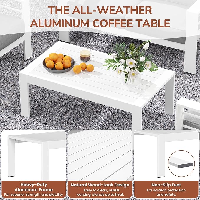 Solaste Outdoor Aluminum Furniture Set - 4 Pieces Patio Sectional Chat Sofa Conversation Set with Table,White