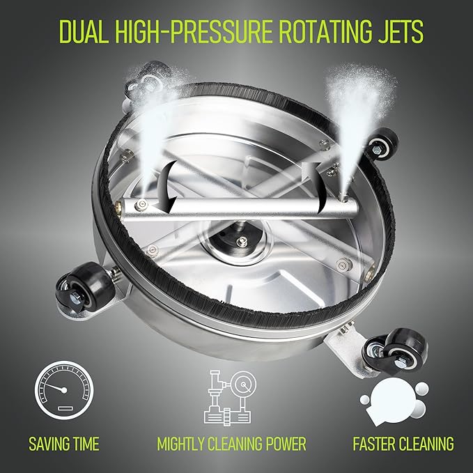 Hourleey 14" Pressure Washer Surface Cleaner, Stainless Steel Surface Cleaner with 4 Wheels for Concrete, Patio, Sidewalk, Deck, Pathway 1/4" Quick Connector, 2 Extension Wand, 4000 PSI