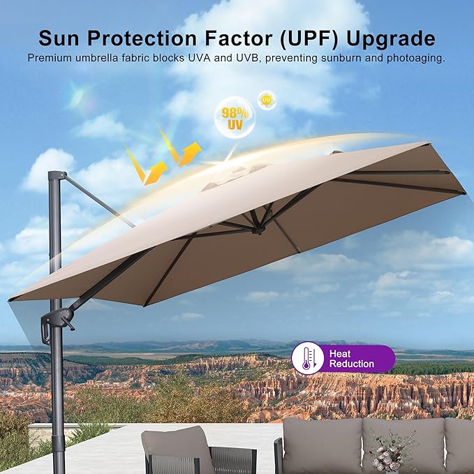 PURPLE LEAF 9 FT Outdoor Umbrella with Base Patio Cantilever Aluminum Umbrella with 3 Years Fade Resistance Recycled Fabric Offset Square with 360-degree Rotation for Deck Pool Garden, Sand Dune