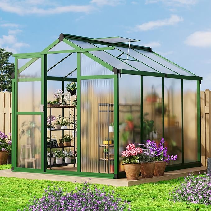 6 X 8 FT Greenhouse, Heavy-Duty Polycarbonate Large Walk-in Greenhouse Roof Vent ,Aluminum Frame & Lockable Door, for Backyard, Green Houses for Outside Garden Backyard