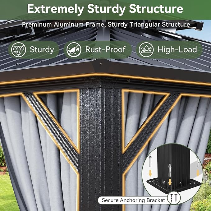 Aoxun Hardtop Gazebo 10x12, Aluminum Frame Canopy with Double Galvanized Steel Roof, Outdoor Gazebo with Breathable Netting and Privacy Curtain for Backyard, with Ground Nails