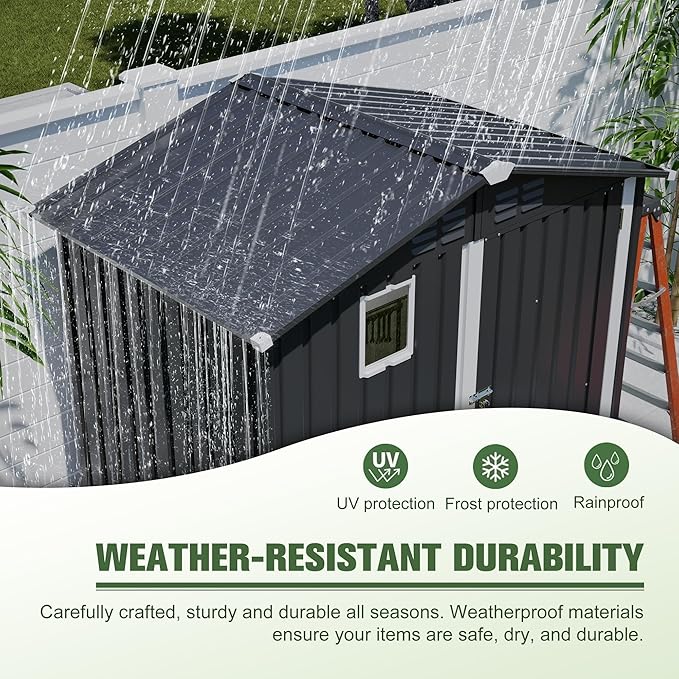 6x4 FT Shed Outdoor Storage Metal Large Garden Tool Sheds with Lockable Doors Gable Roof Window Waterproof Utility Equipment Sheds for Backyard Patio Lawn, Grey (No Floor Frame)