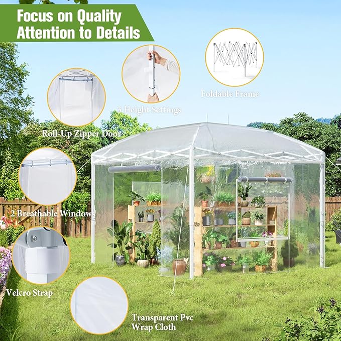 AMERLIFE 10×10×8.5 FT Pop-up Greenhouses for Outdoors Indoor with Adjustable Sturdy Frame, Portable Walk in Greenhouse with 2 Roll-up Zipper Doors, Windows and PE Cover, White
