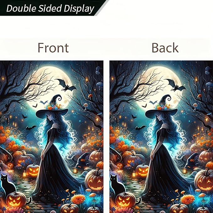 Halloween Witch Garden Flags,Witch Best Friend Black Cat Halloween Yard Flag,Holiday Patio Yard Outdoor Party Decor 12x18 Inch Double Sided