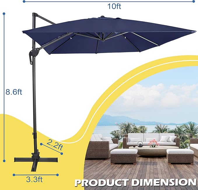 Sunnyglade 10x10Ft Cantilever Patio Umbrella Square 360° Rotation & Integrated Tilting System Offset Umbrella with 8 Sturdy Ribs, Fade-resistant & Waterproof for Garden Backyard Poolside Deck
