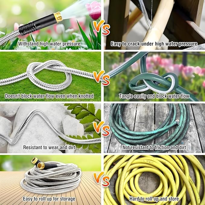 Garden Hose 100FT, Stainless Steel Water Hose with Nozzle, Flexible, Lightweight, Puncture Proof, Never Kink & Tangle, Heavy Duty Garden Hose for Yard and Outdoor