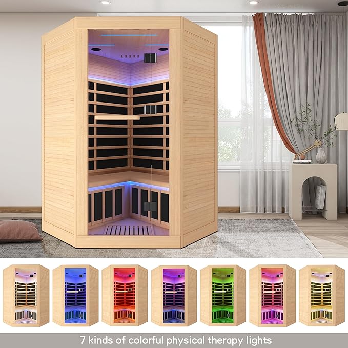 Sauna, Infrared Sauna 2 Person, 2 Person Sauna 9 Heating Plate 2180w Low EMF Room, Dry Sauna for Home, Wooden Sauna with 7-Color Therapeutic Lights and Bluetooth Speakers Room