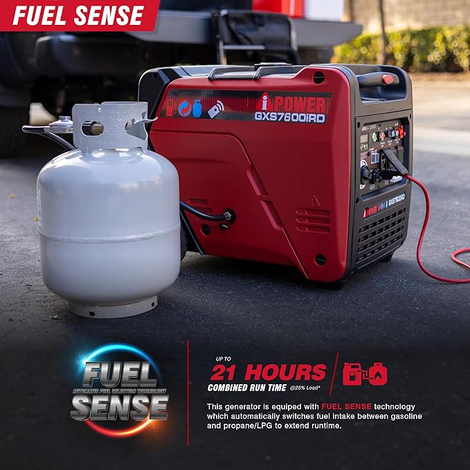 A-iPower 7600-Watt Dual Fuel Inverter Generator Remote Start, Power Supplies with 322cc OHV Engine, CO Sencsor, Gas and Propane Powered, for Backup Home Use, Tailgating, RV, Power Outages(GXS7600iRD)