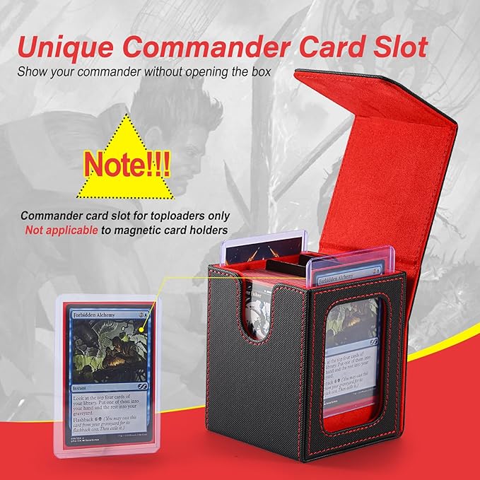 MTG Deck Box, Double Display Window MTG, Commander Deck Box Fits 120+ Single Sleeved Cards, PU Leather Magnetic Closure Card Box with 2 Dividers&2 Toploaders for TCG, CCG, Black/Red