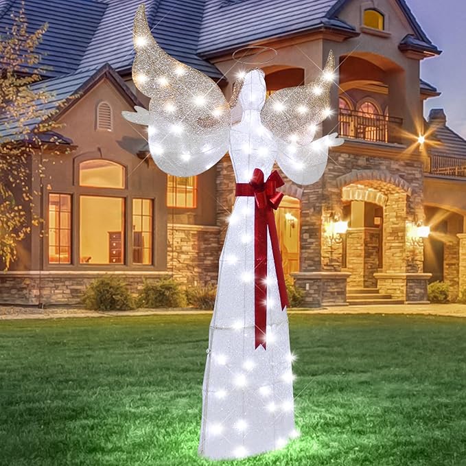 65" Lighted Angel Christmas Decoration, 3D Halo Angel with Golden Wings, White LED Lights, Outdoor/Indoor Use
