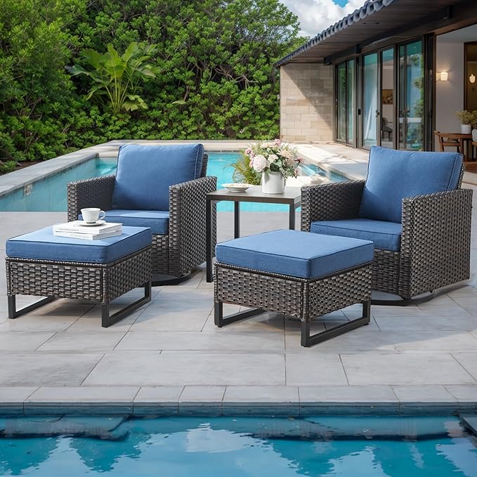 HUMMUH 9 Piece Patio Furniture Set Outdoor Sectional Sofa,High Back Patio Swivel Rocker Chairs with Ottomans Coffee Table for Porch,Garden,Backyard(Brown/Blue)