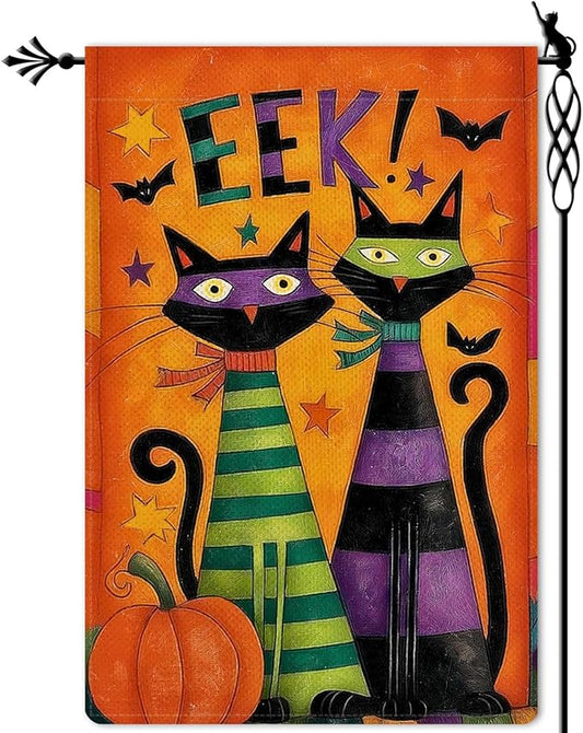 Halloween Black Cats Garden Flag EEK Pumpkins Holiday Garden Flag Vertical Double Sided Rustic Farmland Burlap Yard Lawn Outdoor Decor 12.5x18"