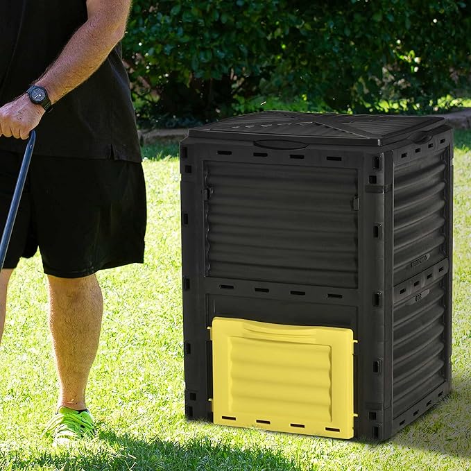 Compost Bin Outdoor 80 Gallon Garden Composter, with 48 Vents and Sliding Doors, Lightweight Outdoor Compost Box for Garden, Kitchen, and Yard Waste, Black+Yellow
