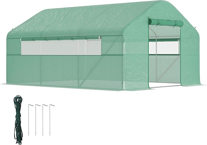 Outsunny 13' x 10' x 6.5' Hoop House Greenhouse with Large Windows and Zippered Door, Large Walk-in Tunnel Green House with Upgraded Galvanized Steel Frame, PE Cover, Gardening Plant Hot House, Green