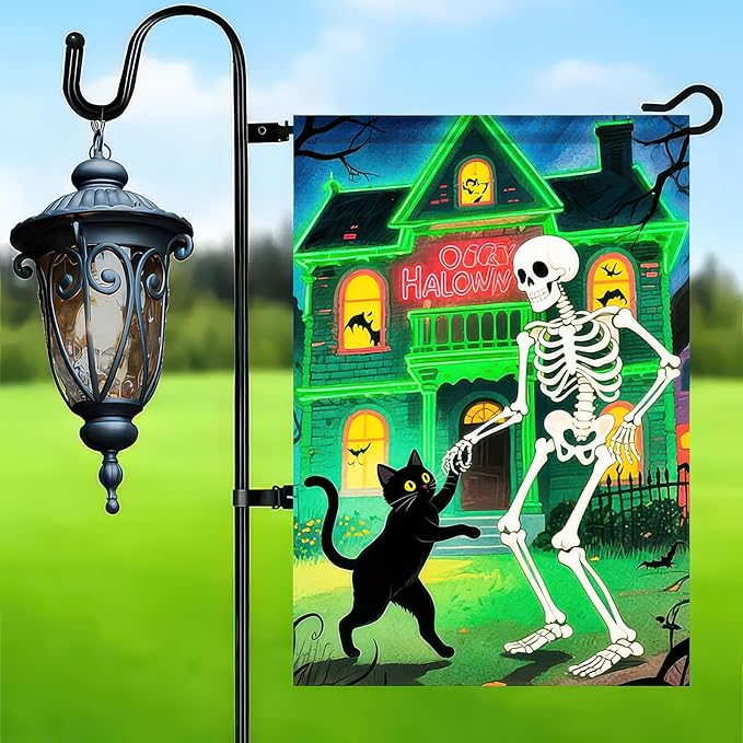 Garden Flags 12x18 Inch Halloween Garden Flag Double-Sided Skeleton Dancing with Black Cat Haunted House Pumpkin Fall Yard Decoration Trick or Treat Banner for Porch Lawn Outdoor Decor