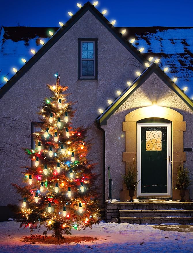 C7 Christmas Lights Outdoor, 25Ft Outdoor Christmas String Lights with 25 Warm White Incandescent Bulbs, Hanging Vintage Christmas Decorations Light for Roofline House Garden Patio Backyard