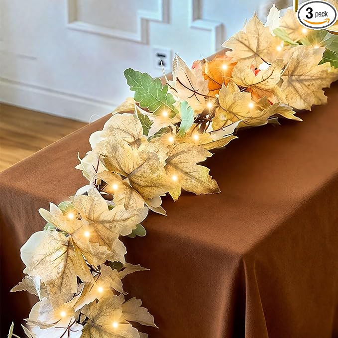 Fall Decorations for Home 3 Pack 9FT Plug in Fall Lights with 50 Warm Incandescent Bulbs UL Certified Connectable Lighted Thanksgiving Garland for Indoor Outdoor Autumn Halloween Harvest Decorations