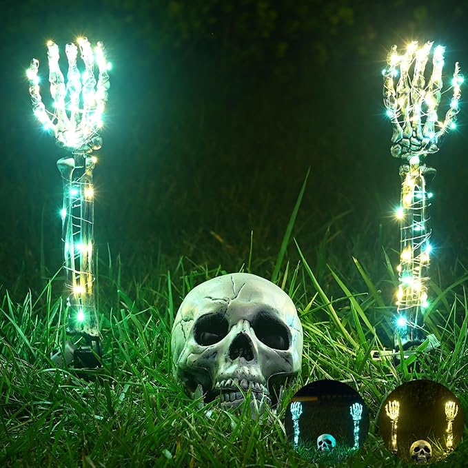 Halloween Lighted Skeleton Set, Skeleton Head & Arm Stakes with 2 Green 3 m LED Lights & 2 Warm 3 m LED Lights (3 Lighting Modes), Realistic Halloween Decor for Outdoor Garden Yard Graveyard