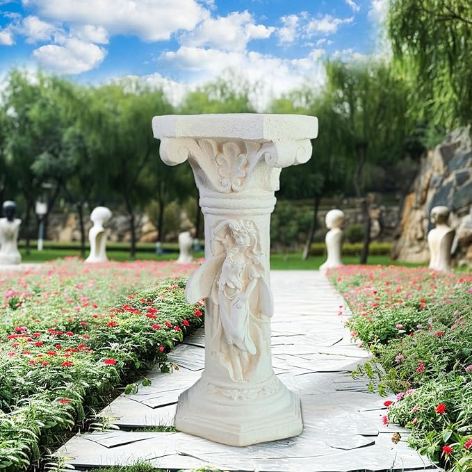 Vintage Weathered 21.3’’H Winged Angel Roman Column Statue Oxidized Magnesium Pedestal Base for Home Garden Yard Patio Decor Event Displays, White