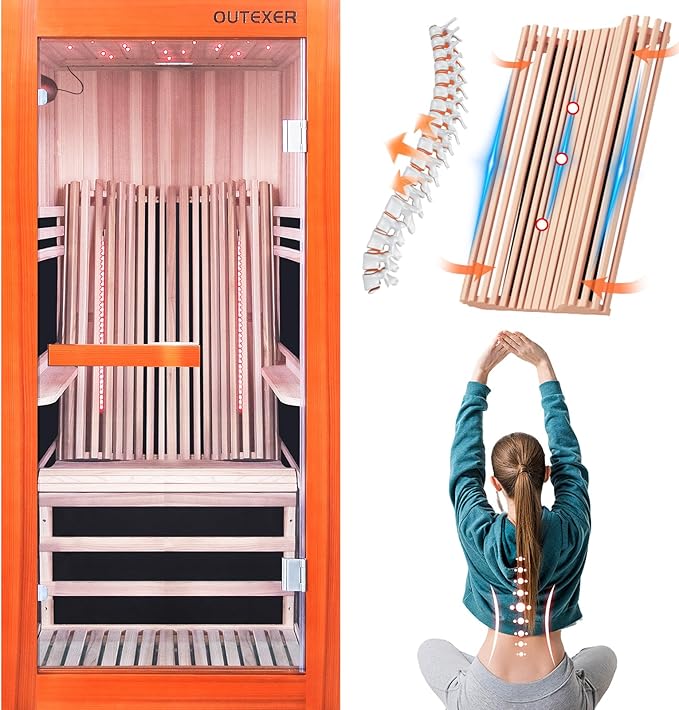 Infrared Sauna 1495W Wooden Saunas Spa Room Pacific Clear Cedar Wood Single Person Indoor Saunas with Special Shaped Comfortable Backrest 32.68 * 47.24 * 69.29 Inch