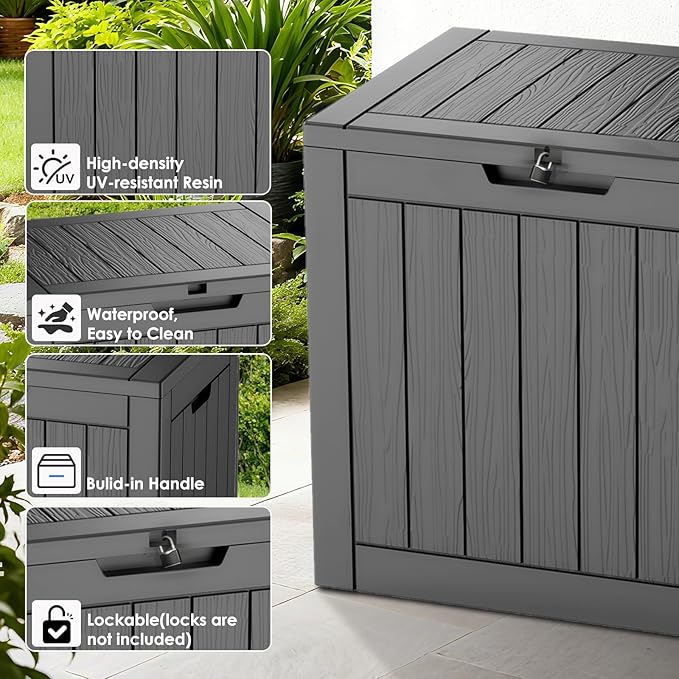 30-Gallon Outdoor Deck Box with Wood-Grain Finish, UV Resistant Waterproof Storage Container with Lock, Storage Box for Camping, Garden & Backyard, Multi-Functional Seat and Table, Black