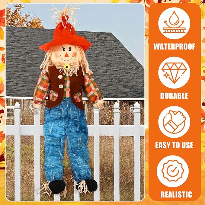 Marsui 1 Pcs 59" Large Outdoor Scarecrow Fall Harvest Thanksgiving Halloween Decoration, Life Size Standing or Sitting Scarecrow Outside Decor for Autumn Garden Yard Porch (Boy)