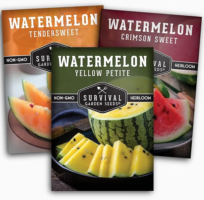 Survival Garden Seeds Tri-Color Watermelon Collection - 3 Packs of Fruit Seeds for Growing Watermelons - Yellow Petite, Crimson Sweet (Red) & Tendersweet Orange Varieties - Non-GMO Heirloom Mix