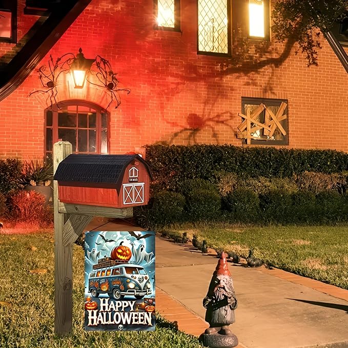 Happy Halloween Garden Flag 12x18 Inch Double Sided Spooky Truck Garden Flag Pumpkins Jack-o'-lantern Ghost Welcome Flag Yard Outdoor Decorative Outside Banner